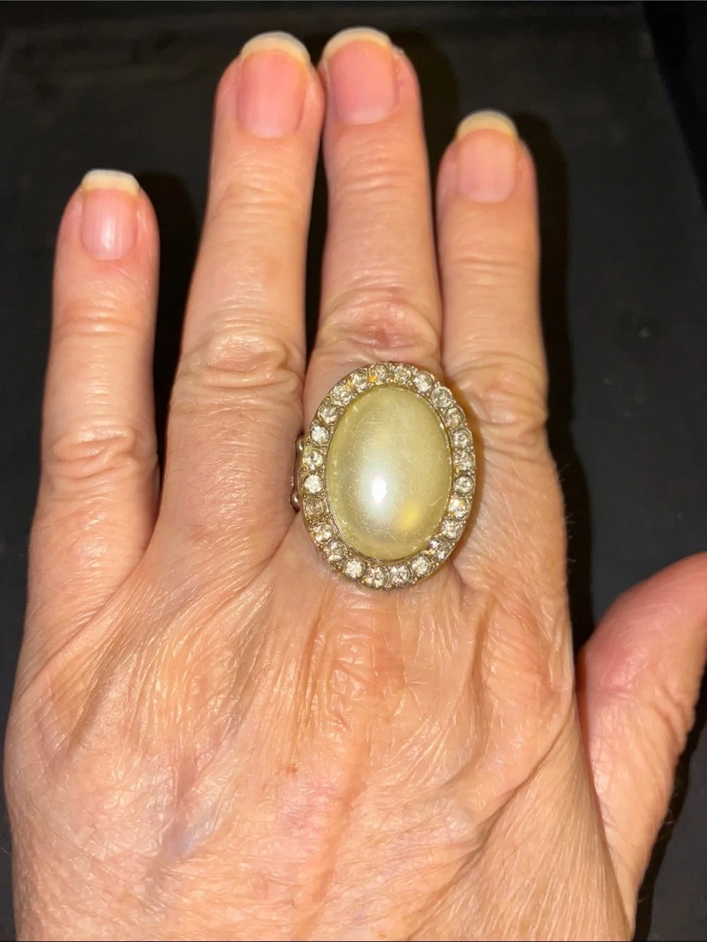 Elegant Cream Cabochon & Crystal Halo Statement Stretch Ring